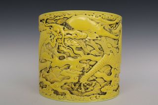 Fine Chinese Monochrome Yellow Porcelain Dragon Brush Pot 2