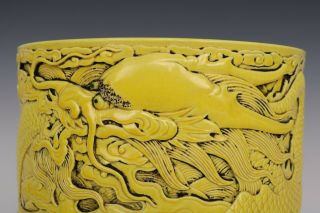 Fine Chinese Monochrome Yellow Porcelain Dragon Brush Pot 3