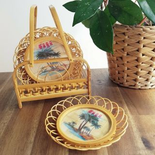 Vintage Set Of 6 Bamboo Wicker Coasters & Caddy Fiji Tiki Bar Palm Trees