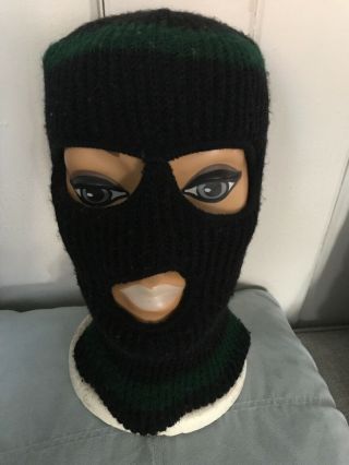 Vintage 1980s Knit Ski Mask Three Hole Black Green Stripe Retro