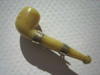 Victorian Tiny Pipe Carved From Baltic Amber Brooch Pin Gold Bands