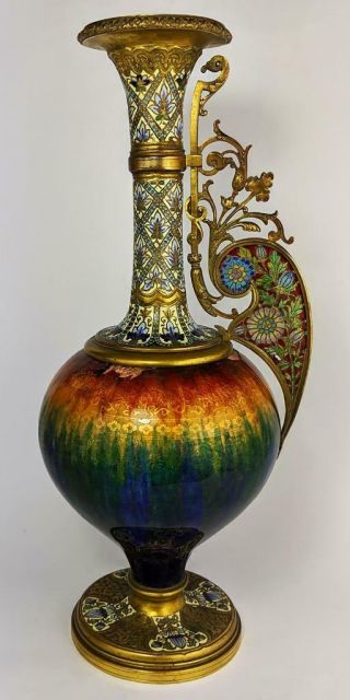 French Champleve - Plique - A - Jour & Guilloche Enamel Vase 19th Century A/f