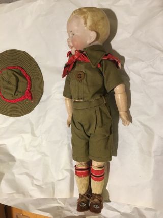 Antique Wood And Ceramic Doll Of Boy In Uniform With Joints