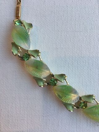 Vintage Green Leaf Necklace With Green Rhinestones And Golden Metal Work Chain