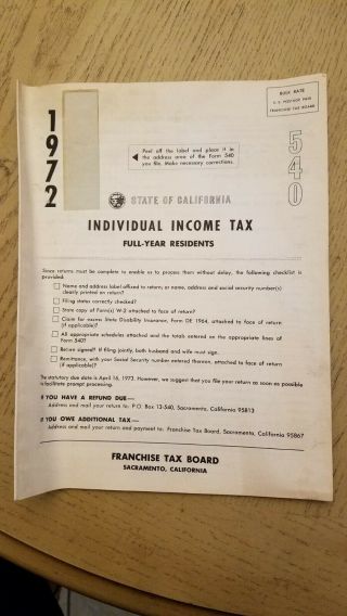 Vintage 1972 Blank State Of California Individual Income Tax 540 Form Booklet