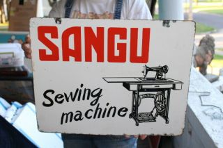 Vintage 1920s Sangu Singer Sewing Machine Gas Oil 2side 18 " Porcelain Metal Sign