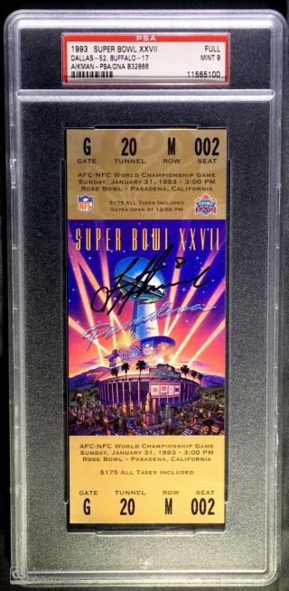 1993 Bowl Xxvii Mvp Troy Aikman Signed Autographed Full Ticket Psa Dna Hof
