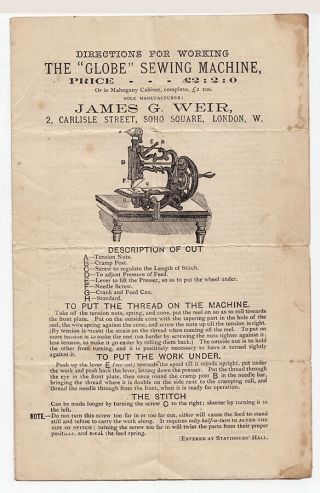 Antique chain - stitch sewing machine instruction leaflet 1870s 2