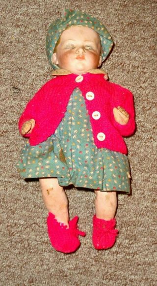 Vintage Porcelain Head Doll 9 " Tall Very Old Take A Look