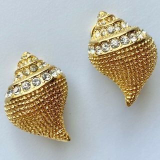 Sign Kjl Kenneth Jay Lane Vintage Sea Shell Gold Tn Rhinestone Clip Earrings 100