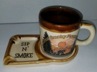 Vintage Sip N Smoke Great Smoky Mountains Coffee Mug Cup Ashtray Set Tennessee