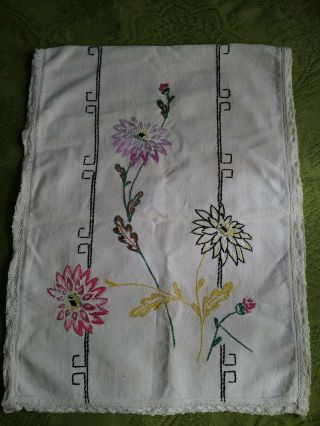 Vintage Dresser Scarf Table Runner White Linen W/ Embroidered Flowers