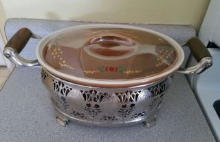 Vtg Deco Royal Rochester Luster Brown Baking Casserole Dish W/ Silver Stand
