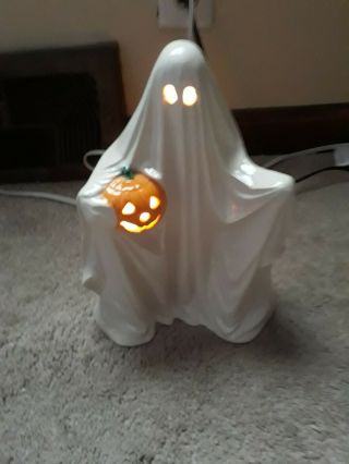 Vintage Ceramic Ghost Holding Pumpkin Halloween Lights Up Byron Molds