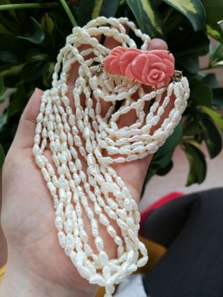 Vintage 60s Carved Coral And Pearl Necklace