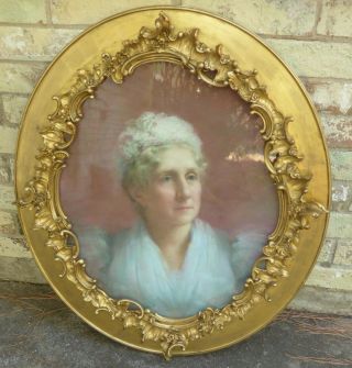 19th C Antique Victorian Woman Portrait Pastel Painting Ornate Oval Frame Listed