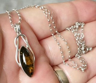 Vintage Art Deco Jewellery Ornate Real Amber Marquis 925 Silver Dropper Necklace