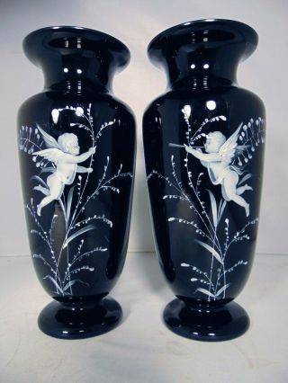 Pr Black Amethyst Glass Mary Gregory Vases Cherubs Nude Cupid Cherubs Putti 11 "