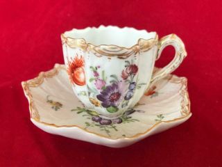 Fine Antique Dresden Porcelain Hand Painted Cup And Saucer.  2.  C1880.