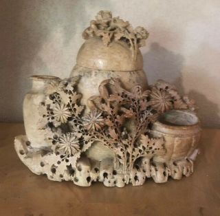 Large Antique /vintage Chinese Carved Soapstone Vase / Jar W/ Lid 12 X 10