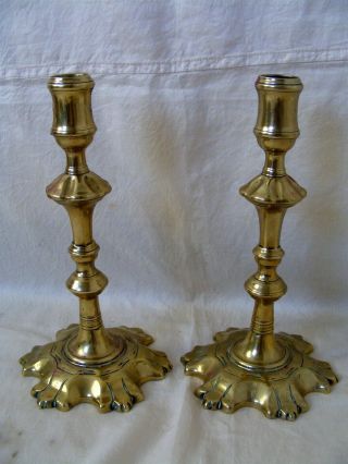 Antique Pair 18th Century Brass Candlesticks,  Petal Bases