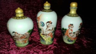 Vintage Chinese Hand Painted Erotic/marriage Porcelain Perfume Bottles X 3.