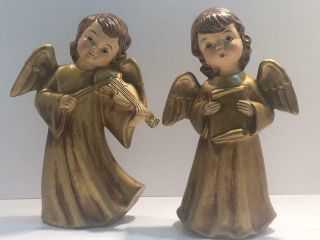2 Vtg Paper Mache Angels Figurine Gold Japan Playing Instruments Choir Christmas