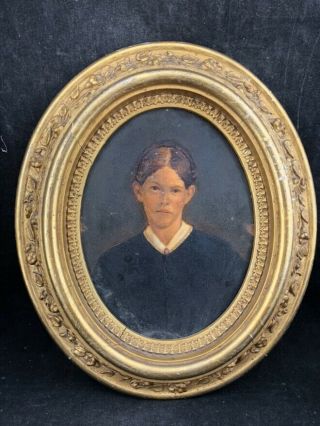 Small Antique 19th C Painting Portrait Of A Young Woman Oil On Board 10 " X 12 "