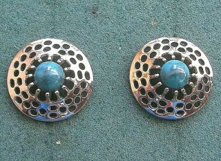 " Aztec " Turquoise Clip Earrings - Sarah Coventry Jewelry - Sara Cov - Vtg