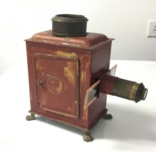 Antique 1890s Toy Magic Lantern Slide Projector With 5 Slides And Oil Lamp