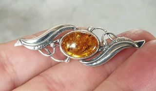 Vintage Signed B Jewellery Art Nouveau Real Amber 925 Silver Floral Brooch Pin