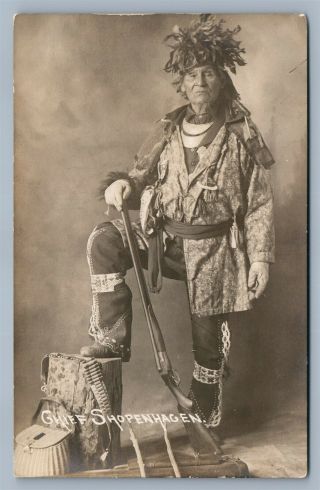 American Indian Chief Shopenhagen W/ Rifle Antique Real Photo Postcard Rppc