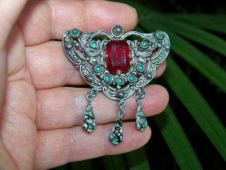 Vintage Signed Mizpah Jewelery Ornate Glass Rhinestone Rococo Dropper Brooch Pin
