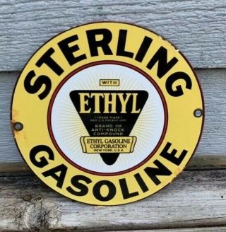 Vintage Old Sterling Gasoline With Ethyl Porcelain Enamel Gas Pump Sign