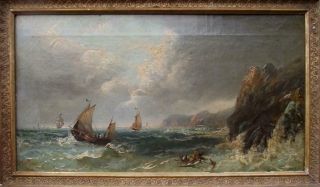 19th Century British Antique Stormy Seascape Oil Painting Indistinctly Signed