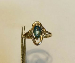 Vintage Estate 14k Plumb Yellow Gold Marquise Blue Topaz And Diamond Ring Size 6