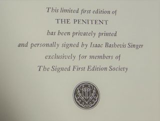 Isaac Bashevis Singer THE PENITENT Franklin Library Signed First Edition 1983 3