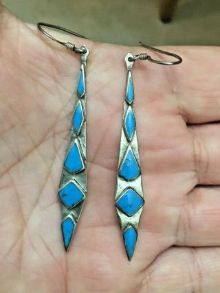 Vintage Sterling Silver And Turquoise Long Dangle Earrings - Zuni