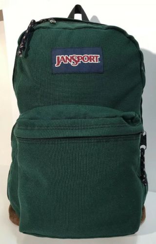 Vintage Jansport Made In Usa Leather Bottom Forest Green Backpack 1990s Classic