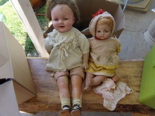 2 Antique Composition Baby Girl Dolls 22 " & 28 " Tall Poor Great Eyes