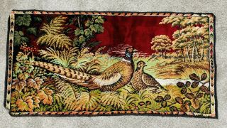 Vintage Velvet Pheasants Tapestry Fabric Rug Wall Hanging 19 " X 37 " Red