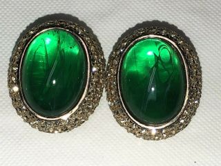 Vintage Ciner Signed Green Glass Cabochon & Rhinestone Clip Earrings