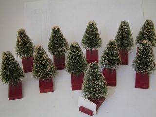 Vintage Set Of 11 Snow Covered Bottle Brush Christmas Tree Place Card Holders
