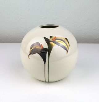 Vintage Otagiri White Golden Calla Lily Vase Globe Sphere Round Porcelain Japan