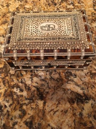 Anglo Indian Hand Carved Ivory - Tortoise Shell Trinket Box Circa 1875