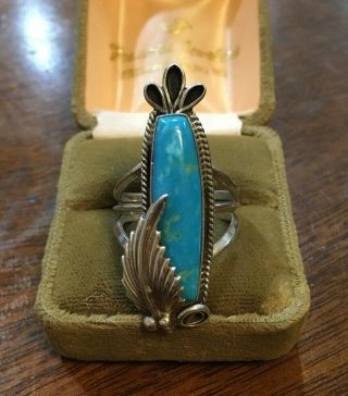 Vintage Navajo Running Bear Shop Elaborate Sterling Silver & Turquoise Long Ring