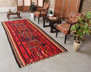 4x10 Oriental Vintage Handmade Geometric Turkish Antique Red Kilim Wool Area Rug