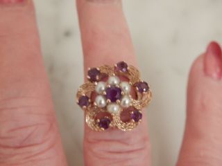 9 Ct Gold Amethyst And Pearl Art Deco Antique Ring