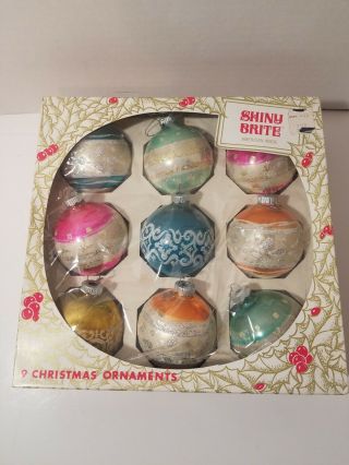 Vintage 9 Shiny Brite Glass Christmas Ornaments - Box