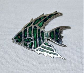 Vintage Taxco Mexico Sterling Silver Malachite Fish Brooch Pin - Signed Tv - 114